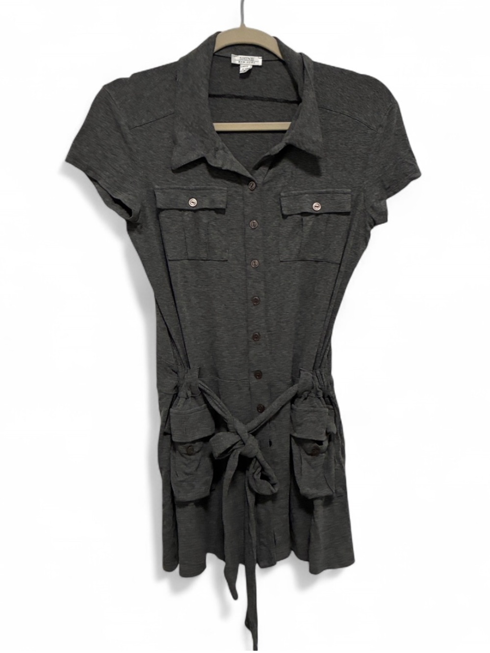 Shine New York Short Sleeve Button-Front Utility Dress in Gray